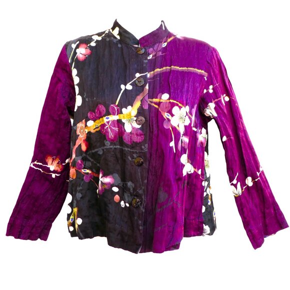 Citron Tops - Citron Santa Monica Purple SiLK CoTToN Metallic Orchid Floral Mandarin Long Slv